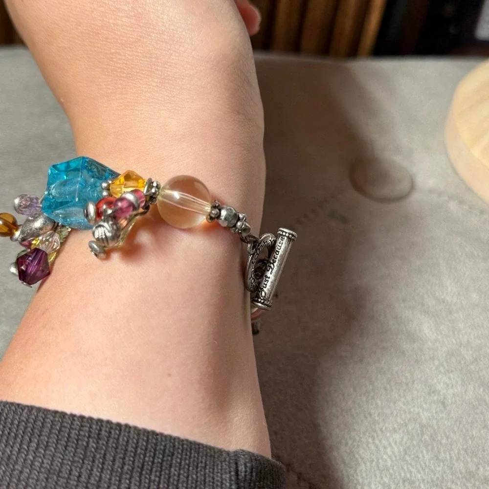 Y2K Multicolor Charm Bracelet Silver Tone Crystal Beaded Colorful Chunky 7